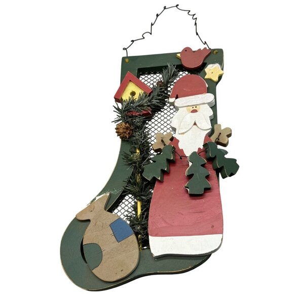 Christmas stocking wall hanging Santa bird house wood metal mess red green READ - Picture 1 of 7